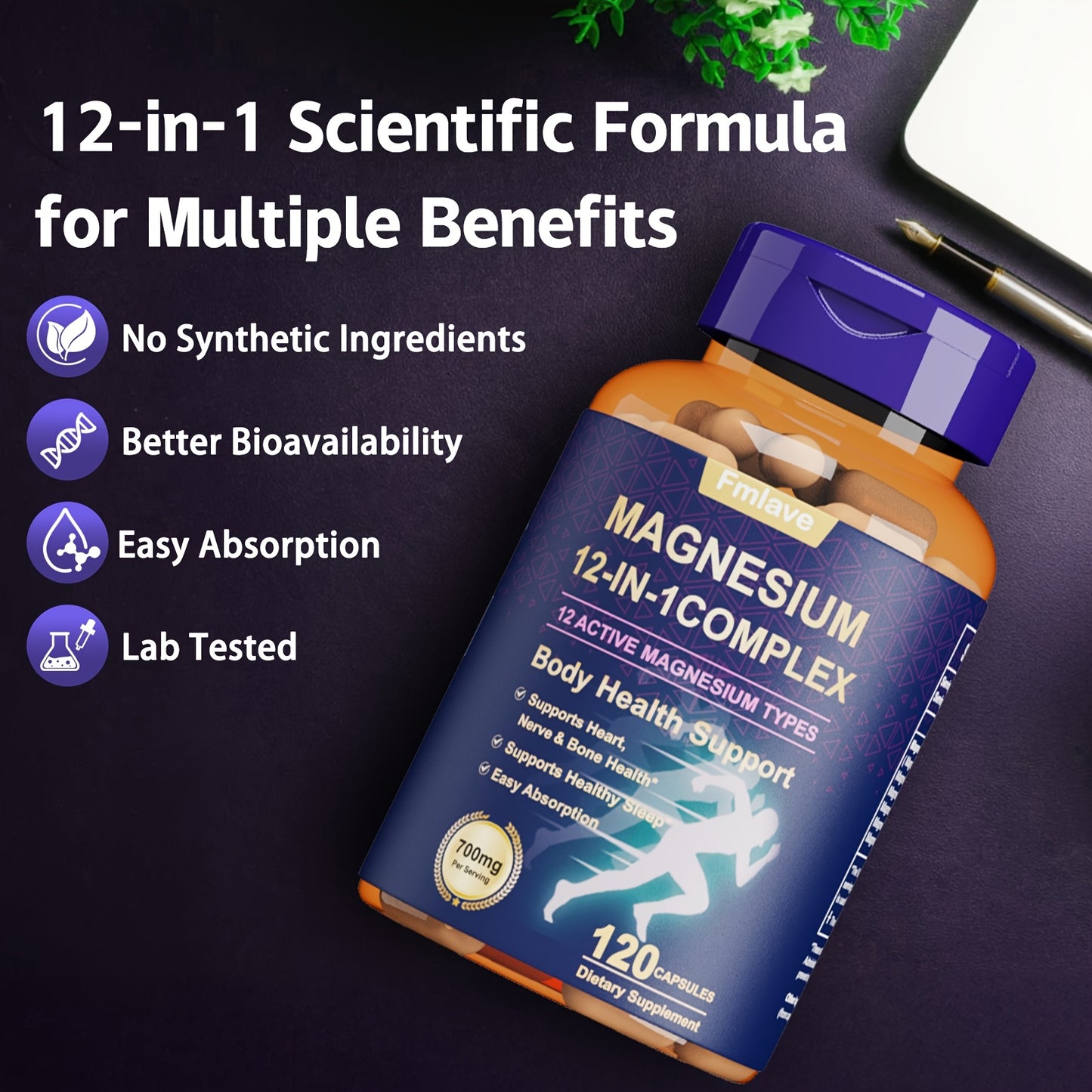Fmlave 12 In 1 Magnesium Glycinate, 700MG Magnesium Complex WIth Citrate, Malate, Carbonate, Taurate, Oxide, Easily Absorbable Calm Magnesium Supplements Support Bone, Joint, Heart & Sleep Health, Relaxation, Gluten Free, 120