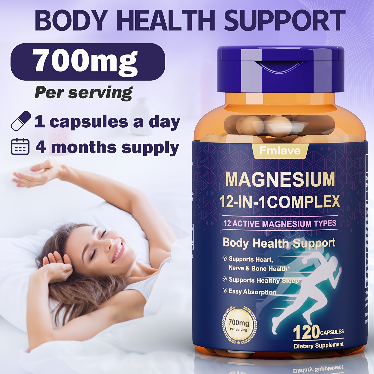 Fmlave 12 In 1 Magnesium Glycinate, 700MG Magnesium Complex WIth Citrate, Malate, Carbonate, Taurate, Oxide, Easily Absorbable Calm Magnesium Supplements Support Bone, Joint, Heart & Sleep Health, Relaxation, Gluten Free, 120
