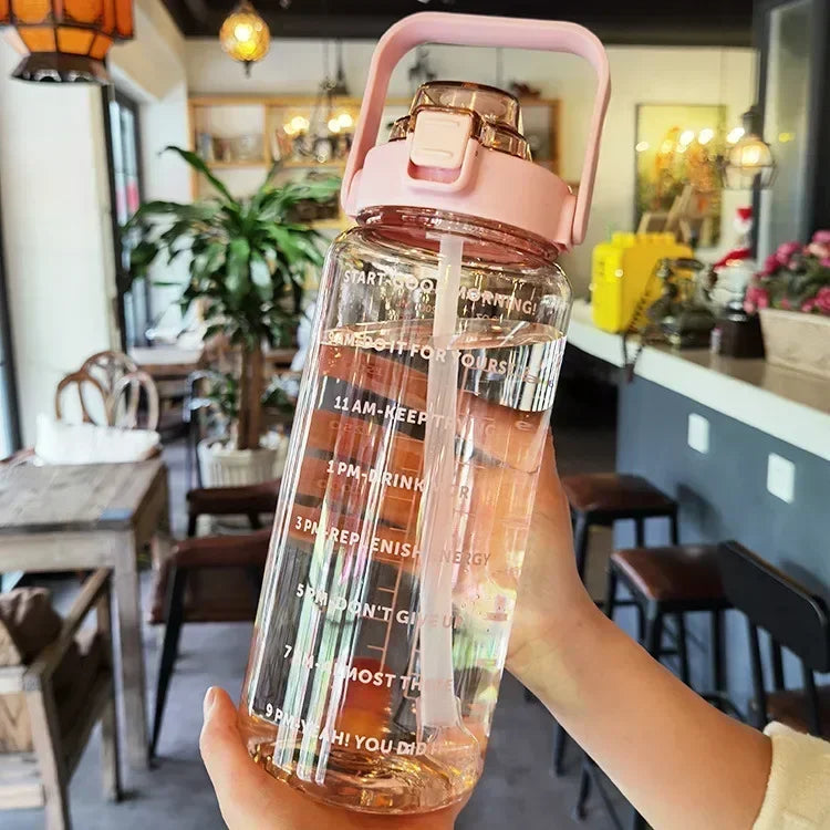 2L Portable Water Bottle with Straw & Time Marker, Large Capacity Plastic Drink Bottle for Outdoor Sports & Fitness