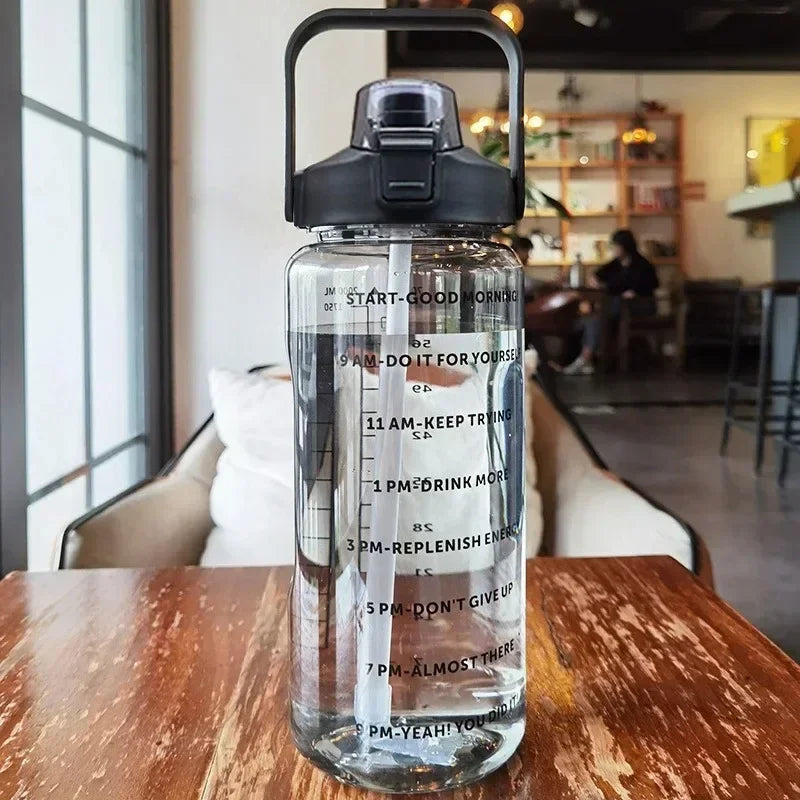 2L Portable Water Bottle with Straw & Time Marker, Large Capacity Plastic Drink Bottle for Outdoor Sports & Fitness
