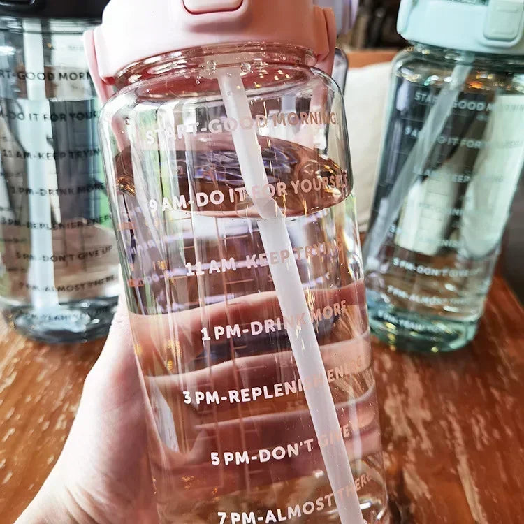 2L Portable Water Bottle with Straw & Time Marker, Large Capacity Plastic Drink Bottle for Outdoor Sports & Fitness