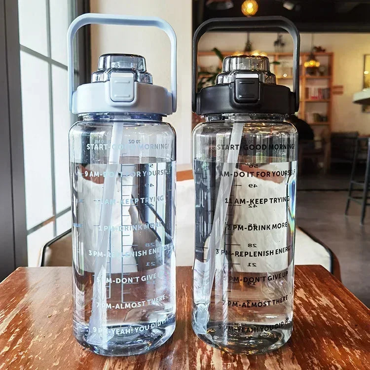 2L Portable Water Bottle with Straw & Time Marker, Large Capacity Plastic Drink Bottle for Outdoor Sports & Fitness