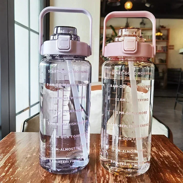 2L Portable Water Bottle with Straw & Time Marker, Large Capacity Plastic Drink Bottle for Outdoor Sports & Fitness