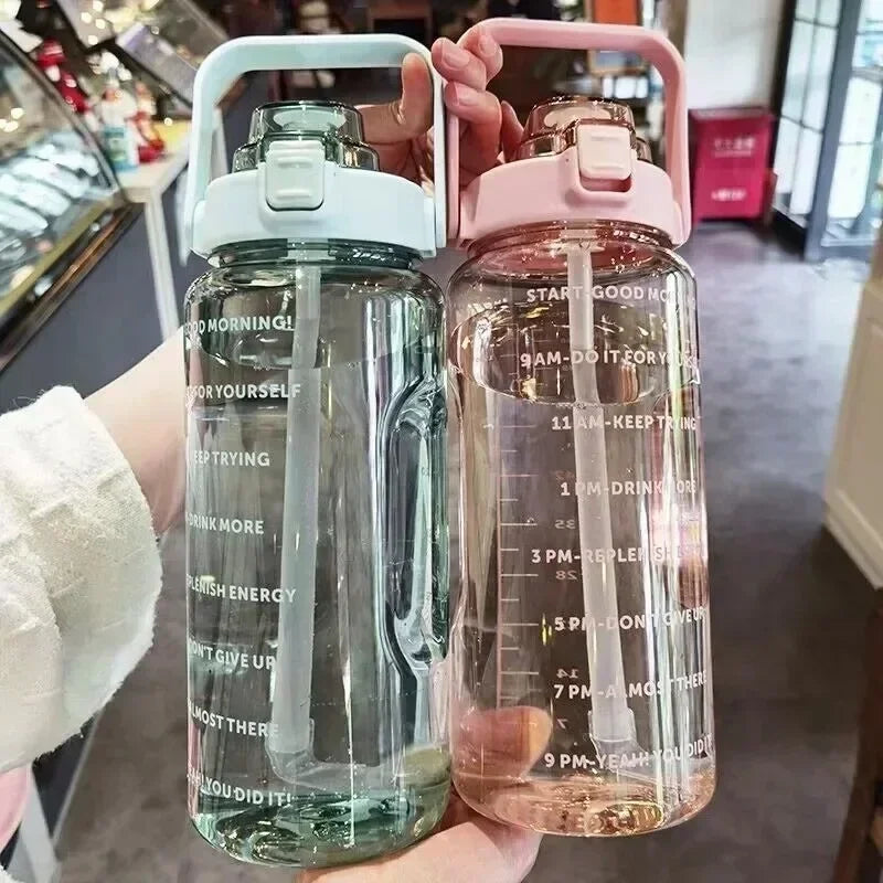 2L Portable Water Bottle with Straw & Time Marker, Large Capacity Plastic Drink Bottle for Outdoor Sports & Fitness