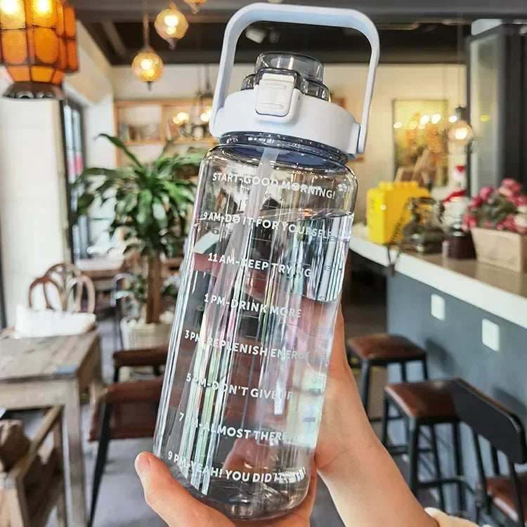 2L Portable Water Bottle with Straw & Time Marker, Large Capacity Plastic Drink Bottle for Outdoor Sports & Fitness