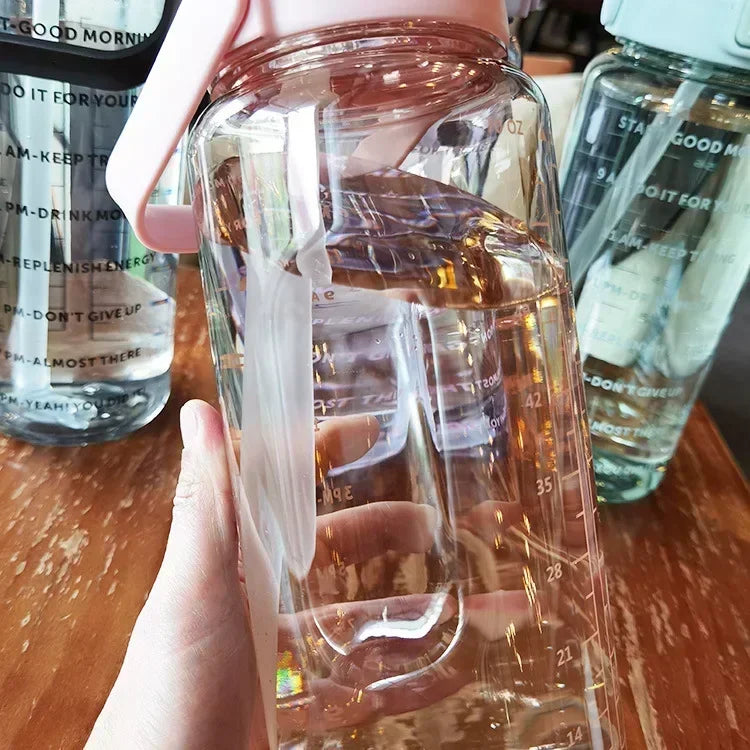 2L Portable Water Bottle with Straw & Time Marker, Large Capacity Plastic Drink Bottle for Outdoor Sports & Fitness