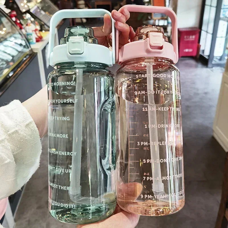 2L Portable Water Bottle with Straw & Time Marker, Large Capacity Plastic Drink Bottle for Outdoor Sports & Fitness