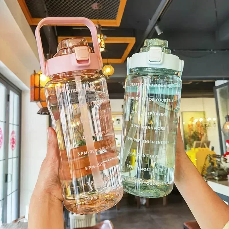 2L Portable Water Bottle with Straw & Time Marker, Large Capacity Plastic Drink Bottle for Outdoor Sports & Fitness