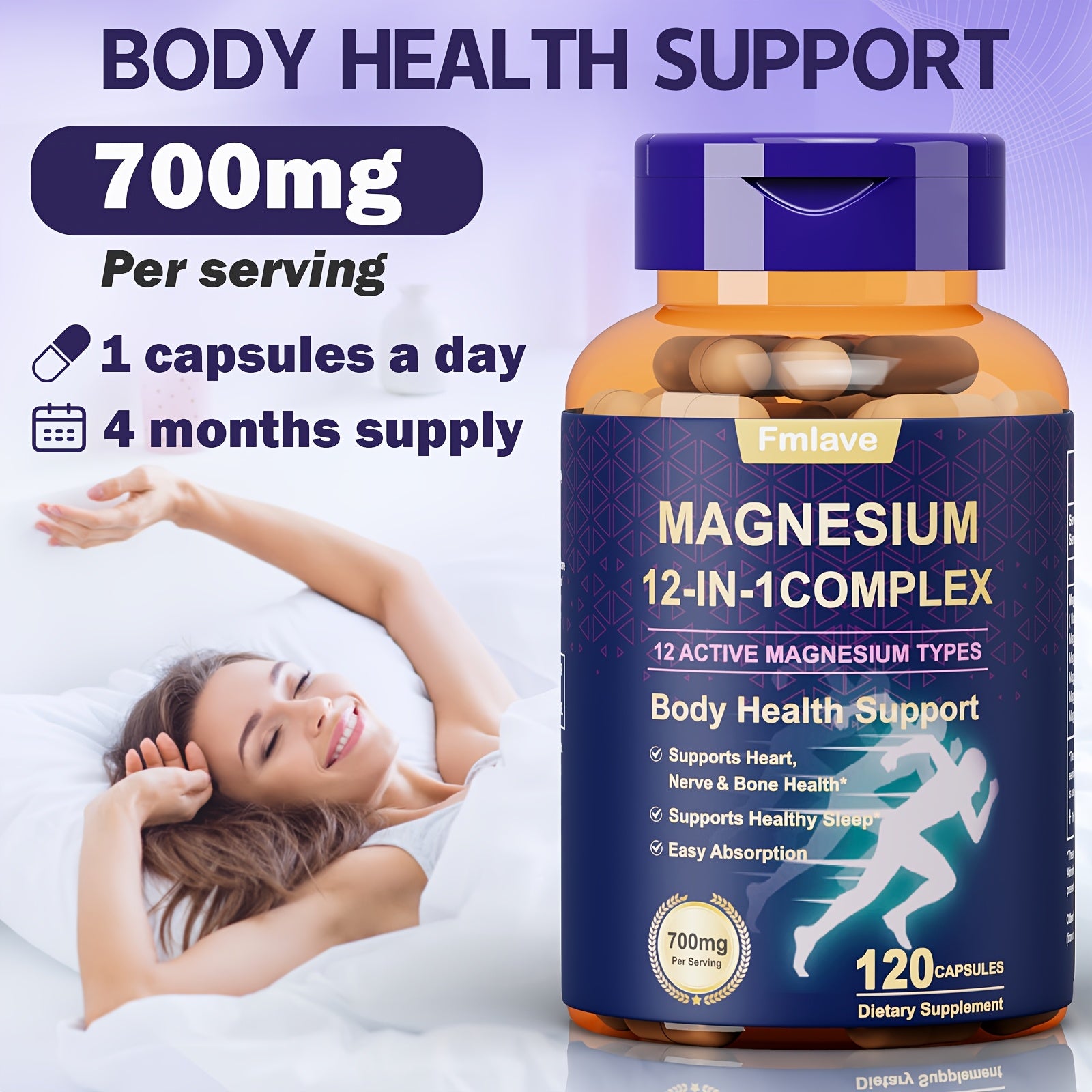 Fmlave 12 In 1 Magnesium Glycinate, 700MG Magnesium Complex WIth Citrate, Malate, Carbonate, Taurate, Oxide, Easily Absorbable Calm Magnesium Supplements Support Bone, Joint, Heart & Sleep Health, Relaxation, Gluten Free, 120